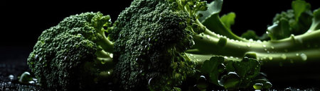 Broccolis With Droplets On Black Background Wde Panoramicの素材
