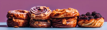 Danish Pastries Standing On Gradient White Purple Background Wide Panoramicの素材