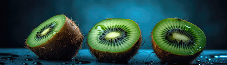 Kiwis With Droplets Standing On Blue Background Wide Panoramicの素材