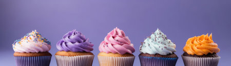 Cupcakes Standing On Gradient White Purple Background Wide Panoramicの素材