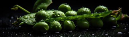 Peas With Droplets On A Black Backgroundの素材