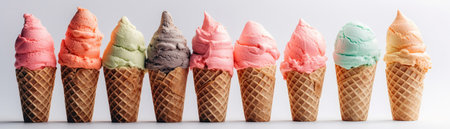 Ice Cream Cones Standing On White Background Wide Panoramicの素材