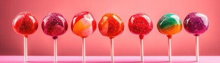 Lollipops Standing On Gradient White Pink Background Wide Panoramicの素材