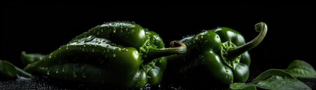 Poblano Peppers With Droplets On A Black Backgroundの素材