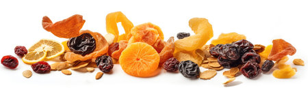 A Bunch Of Dried Fruit Flying In The Air On A White Backgroundの素材