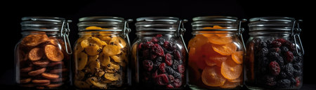 Jars Of Dried Fruiton Black Background Wde Panoramicの素材