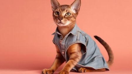 Abyssinian Cat In Casual Attire Wearing Jeans And A Tshirt On Coral Color Backgroundの素材