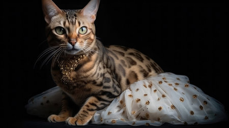 Bengal Cat Wearing A Princess Costume And A Tiara On Black Backgroundの素材