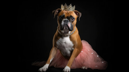Boxer Dog Wearing A Princess Costume And A Tiara On Black Backgroundの素材