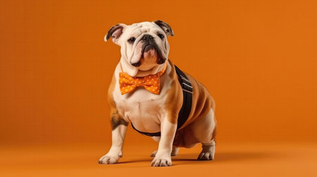 Bulldog Dog With A Walking Cane And A Bowtie On Orange Color Backgroundの素材