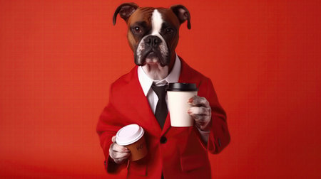 Boxer Dog In A Suit And Tie Carrying A Briefcase And A Cup Of Coffee On Red Backgroundの素材