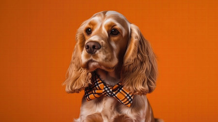 Cocker Spaniel Dog With A Walking Cane And A Bowtie On Orange Color Backgroundの素材