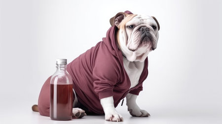 Bulldog Dog In A Tracksuit Holding A Sports Water Bottle On White Backgroundの素材