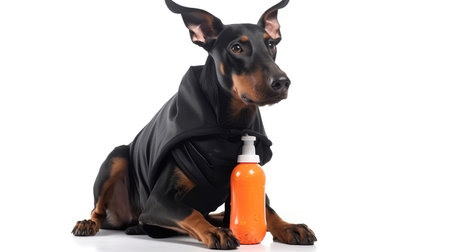 Doberman Pinscher Dog In A Tracksuit Holding A Sports Water Bottle On White Backgroundの素材