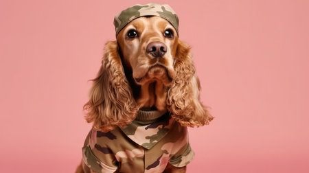 Cocker Spaniel Dog In A Military Uniform Saluting On Pink Backgroundの素材