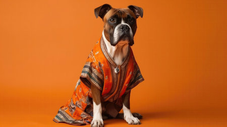 Boxer Dog Wearing Traditional Cultural Clothing From Their Heritage On Orange Color Backgroundの素材