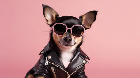 Chihuahua Dog Wearing A Leather Jacket And Sunglasses On Pink Backgroundの素材