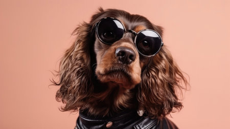 Cocker Spaniel Dog Wearing A Leather Jacket And Sunglasses On Pink Backgroundの素材