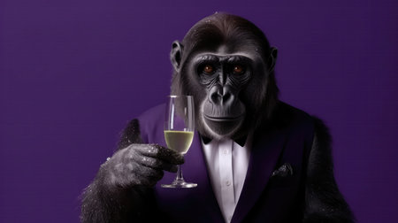 Gorilla Monkey In A Tuxedo Holding A Champagne Glass On Purple Backgroundの素材