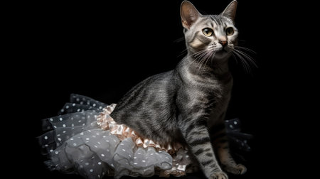 Egyptian Mau Cat In A Ballet Outfit Wearing On Black Backgroundの素材
