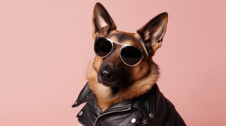 German Shepherd Dog Wearing A Leather Jacket And Sunglasses On Pink Backgroundの素材