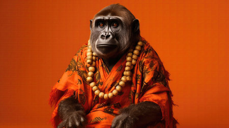 Gorilla Monkey Wearing Traditional Cultural Clothing From Their Heritage On Orange Color Backgroundの素材