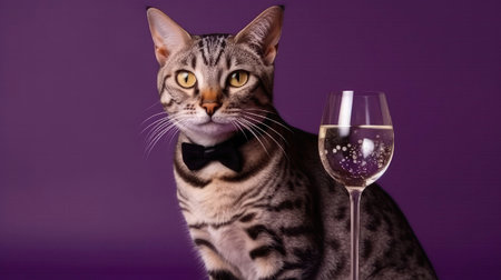 Egyptian Mau Cat In A Tuxedo Holding A Champagne Glass On Purple Backgroundの素材