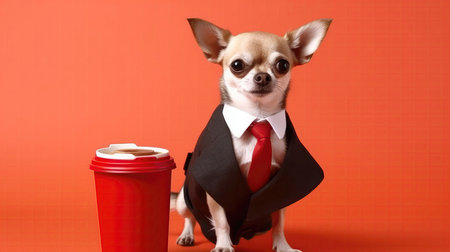 Chihuahua Dog In A Suit And Tie Carrying A Briefcase And A Cup Of Coffee On Red Backgroundの素材