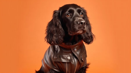 Cocker Spaniel Dog Wearing A Leather Jacket On Coral Color Backgroundの素材
