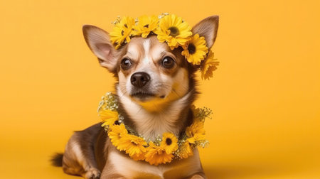 Chihuahua Dog With A Flower Crown On Yellow Backgroundの素材
