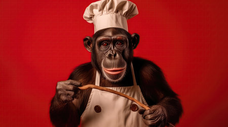 Gorilla Monkey Wearing A Chefs Hat And Apron Holding A Wooden Spoon On Red Backgroundの素材