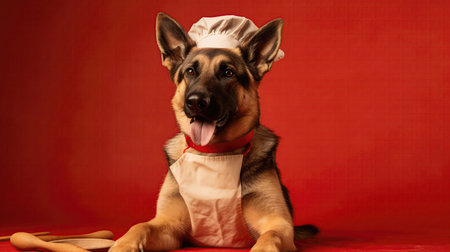 German Shepherd Dog Wearing A Chefs Hat And Apron Holding A Wooden Spoon On Red Backgroundの素材