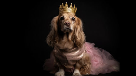 Cocker Spaniel Dog Wearing A Princess Costume And A Tiara On Black Backgroundの素材