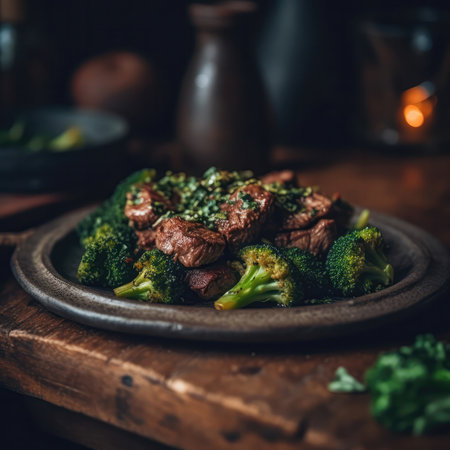 Beef And Broccoli On Stone In Rustic Pubの素材