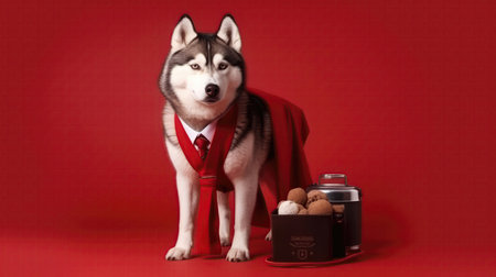 Siberian Husky Dog In A Suit And Tie Carrying A Briefcase And A Cup Of Coffee On Red Backgroundの素材