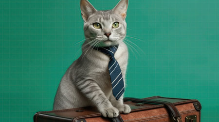 Egyptian Mau Cat In A Professional Suit Carrying A Briefcase On Green Backgroundの素材