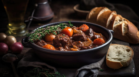 Macro Photo Beef Bourguignon On Stone Rustic Pubの素材