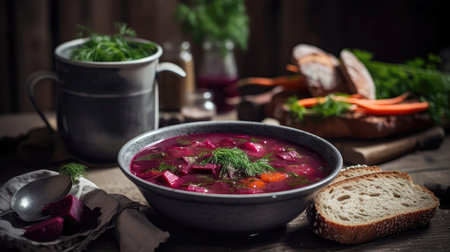 Macro Photo Borscht Beet Soup On Stone Rustic Pub Ukrainian Dishesの素材