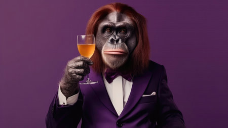 Orangutan Monkey In A Tuxedo Holding A Champagne Glass On Purple Backgroundの素材