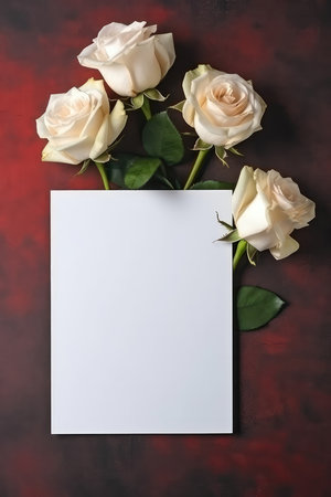 Blank White Card On Bronze Background With Roses Postcardの素材