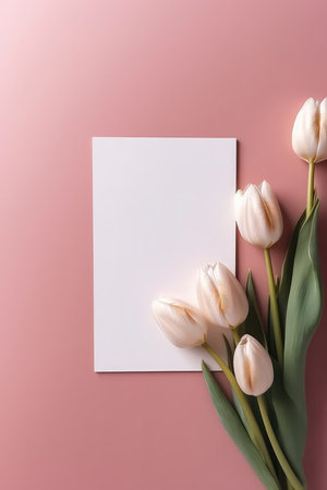 Blank White Card On Pink And Gold Background With Tulips Postcardの素材