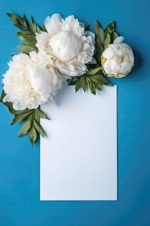 Blank White Card On Blue Background With Peonies Postcardの素材