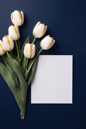 Blank White Card On Navy And Gold Background With Tulips Postcardの素材