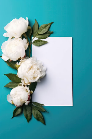 Blank White Card On Teal Background With Peonies Postcardの素材