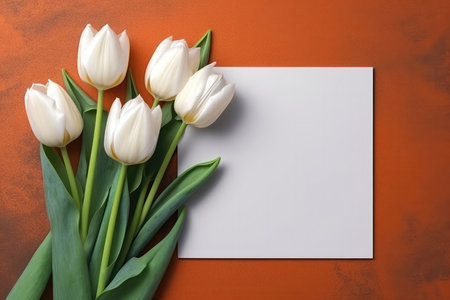 Blank White Card On Bronze Background With Tulips Postcardの素材
