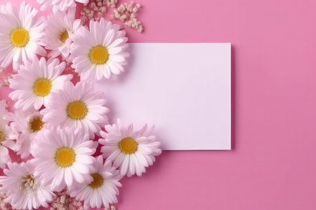 Blank White Card On Pink Background With Chamomile Postcardの素材