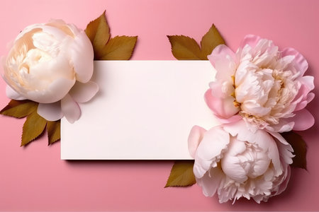 Blank White Card On Pink And Gold Background With Peonies Postcardの素材