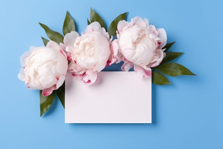 Blank White Card On Pastel Pink And Blue Background With Peonies Postcardの素材