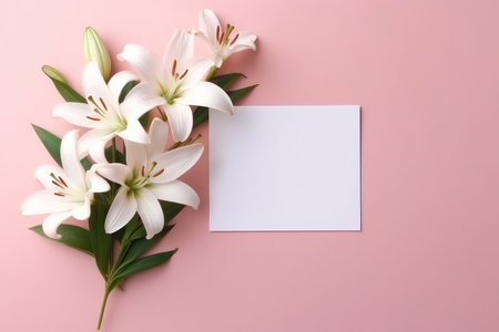 Blank White Card On Pink Background With Lilies Postcardの素材