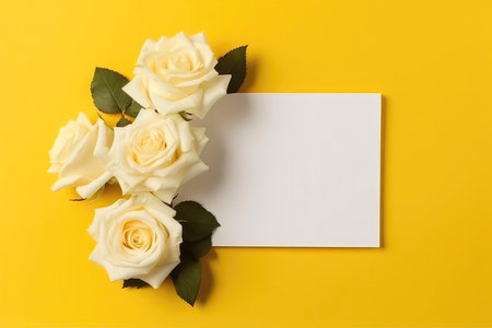 Blank White Card On Yellow Background With Roses Postcardの素材